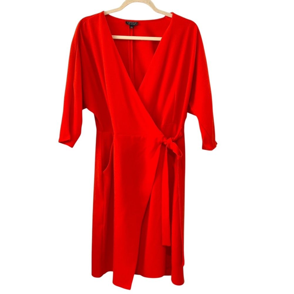 Topshop Size 8 Red Orange Wrap Midi Dress short  Sleeve Pockets